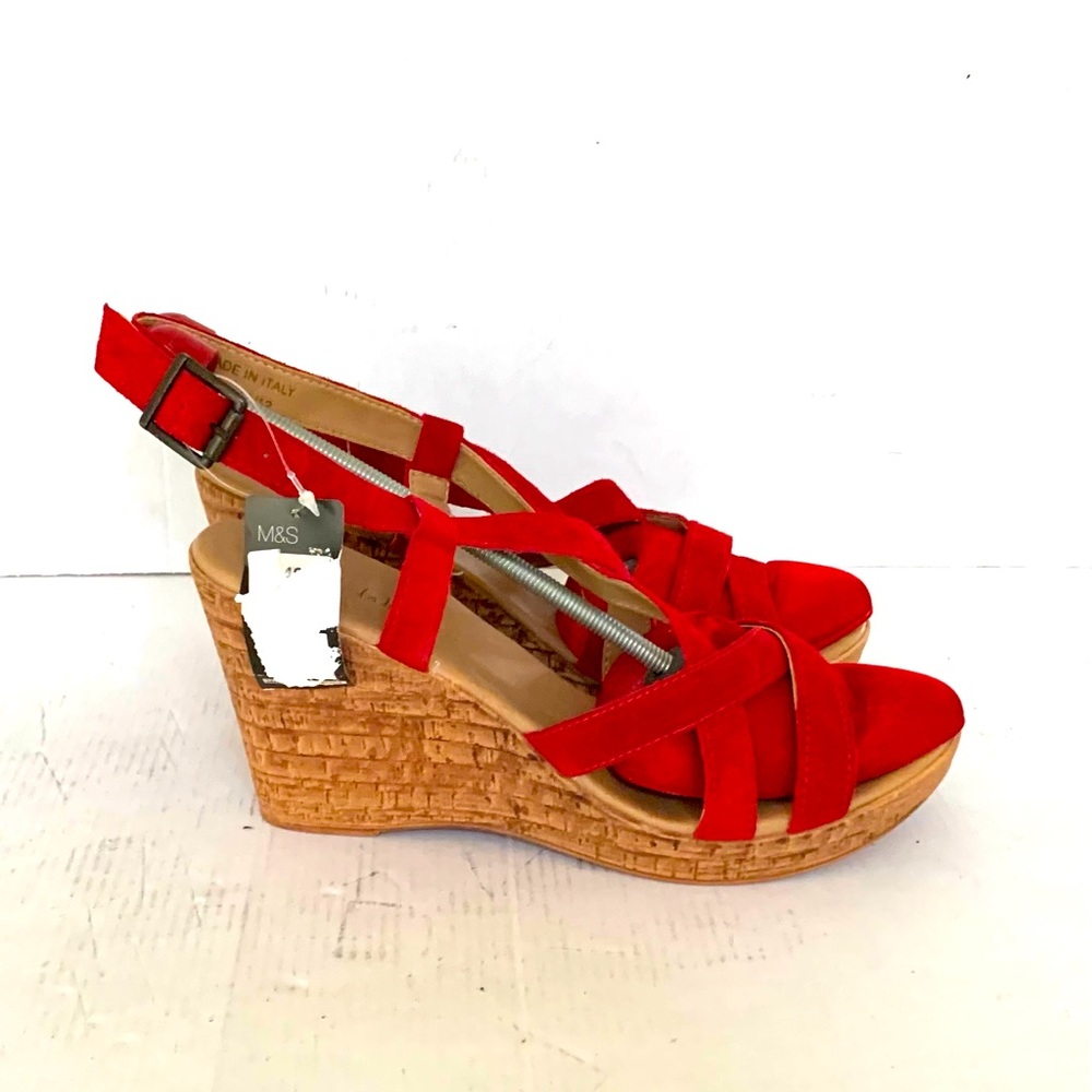Marks & Spencer red suede sandals straps lightweight platform wedges Eur42 US 11